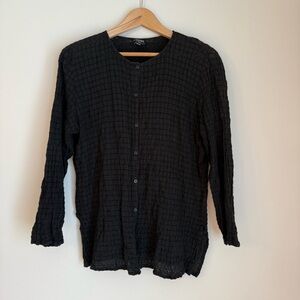 Eileen Fisher Square Grid Textured Button Up Shirt Size Medium Black Top Black